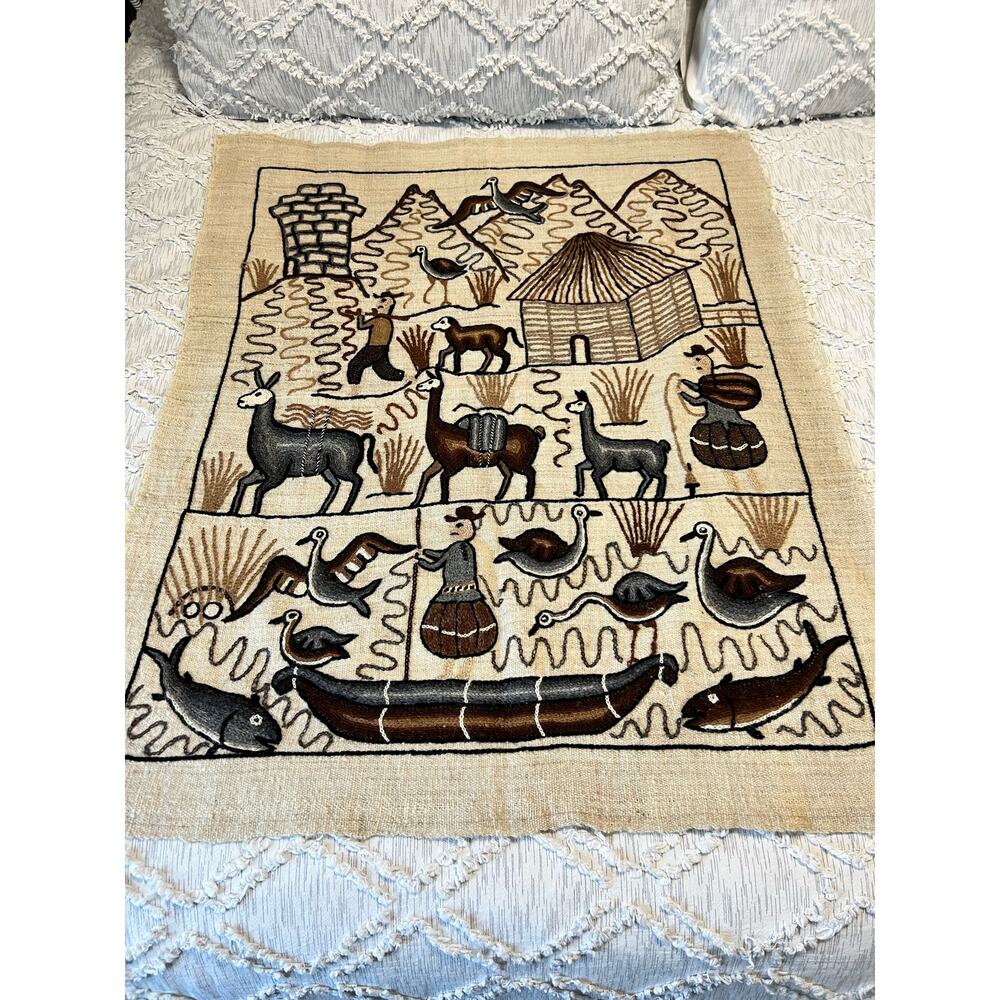 Vintage Folk Art Embroidery Tapestry 40.5”x32.5” Wall Hanging